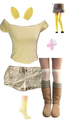 a woman's outfit and accessories including boots, socks, shorts and tights