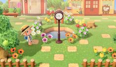 an animal crossing game with a clock in the middle and flowers on the other side