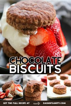 chocolate biscuits with strawberries and whipped cream on top are shown in this collage