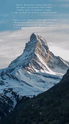 a mountain covered in snow with a poem written on the top and bottom right corner