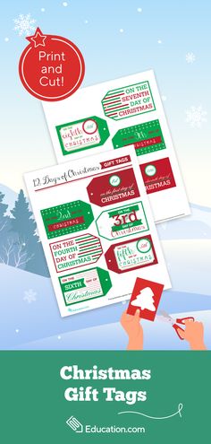 christmas gift tags with the words print and cut on them in front of snow covered trees