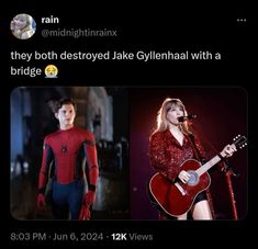 two people with guitars and one is wearing a spider man costume while the other has a guitar