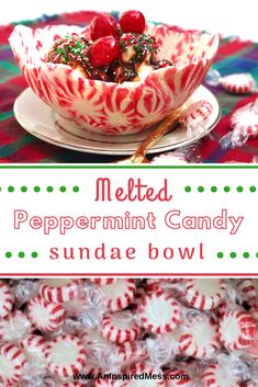 a bowl filled with peppermint candy next to a pile of candy canes