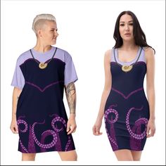 a woman wearing a purple dress with an octopus on the front and side, standing in front of a white background