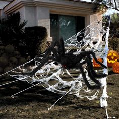 PRICES MAY VARY. Outdoor Halloween Decor Spider Set: 4 in 1 Spider Web Set, Package Include 295'' Giant Spider Triangular Web with 5 x stakes (for the ground),59'' Larger Scary Spider,40 g Stretchy Cobweb and 100 pack small spiders.Halloween Outdoor Party Decor Creates terrifying scary atmosphere to your home. Giant Spider Webs Halloween Decoration : Triangular Spider Web made of sturdy thick polyester rope,great durability thick rope mesh enough to withstand the weight of a large spider, and de Spider Webs Halloween, Spider Web Halloween Decorations, Outdoor Fall Decor Ideas, Spider Web Decoration, Fake Spider, Halloween Spider Decorations, Giant Plush, Spider Decorations, Spiders Scary