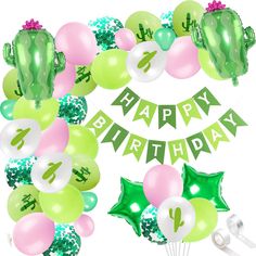 a happy birthday banner surrounded by balloons and cactus decorations with green, pink, and white confetti