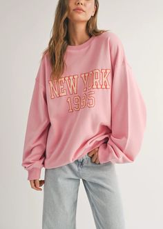 New York Pink Sweatshirt | Evercado Nursing Friendly Tops, Nursing Friendly Dress, Plus Swim, New York Sweatshirt, Plus Jumpsuit, 90s Vibes, Exclusive Dress, Fun Sweatshirts, Maternity Shops