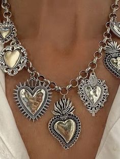 Chains Heart Shape Necklaces Accessories SILVER-One_size Heart Pendant Necklace Silver, Vintage Jewelry Repurposed, Pendant Necklace Silver, Heart Shaped Necklace, Silver Heart Pendant, Chains Necklaces, Silver Accessories, Sacred Heart, Silver Chain Necklace