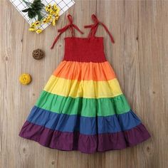 Girls In Suspenders, Striped Dress Summer, Girl Dress Patterns, Kids Designer Dresses, Girl Rainbow, Frocks For Girls, Rainbow Dress, Sleeveless Long Dress, Frock Design