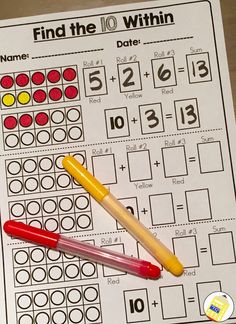 a printable math worksheet with two pencils on top of it and numbers in the middle