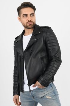 Fitted biker style leather jacket. Double front fastening zips. Quilted detail. Genuine Black Leather Mans Jacket 100% Lambskin Black metal zips/hardware Fitted Quilted detail Tailored Lapels 3 Outside zipped pockets plus inside pockets one which fits an iphone (zipped) Premium Lined Stylish/Modern Can be worn anywhere (PLEASE CHECK OUR SIZING GUIDE BEFORE ORDERING) Punk Leather Biker Jacket For Biker Events, Punk Leather Jacket With Zipper Closure, Punk Leather Biker Jacket With Zipper, Punk Leather Jacket For Motorcycling, Leather Jacket With Zipper Closure For Motorcycling, Leather Jacket With Zipper For Motorcycling, Moto Leather Biker Jacket With Zipper Closure, Moto Style Leather Jacket With Zipper For Biker Events, Moto Leather Jacket With Zipper For Biker Events