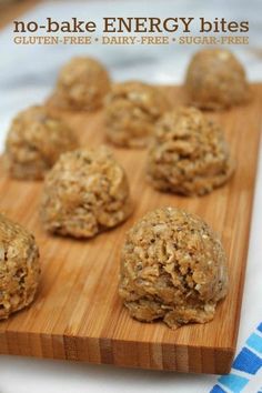 no - bake energy bites on a wooden cutting board