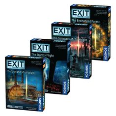 three boxed - up games including exit, the cemetery of night, and the story of light