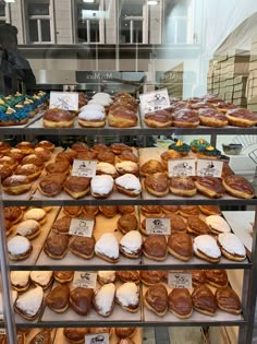 a display case filled with lots of different types of doughnuts and pastries