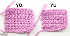 two crocheted squares are shown with the words you and u written on them