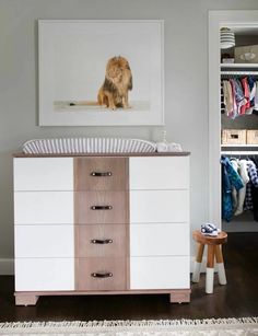 a baby's room with a white dresser and brown dog hanging on the wall