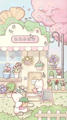 a cartoon bear sitting in front of a flower shop