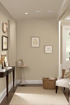 Painting interior walls, wall paint color, Benjamin Moore paint, basement wall painting Paint Light Colors, Home Hall Wall Painting, Light Colour Wall Paint, Light Colour For Living Room Wall, Bone Wall Color, Light Wall Colours For Bedroom, Oat Wall Colour, Hallway Color Ideas Painting, Oatmeal Wall Color