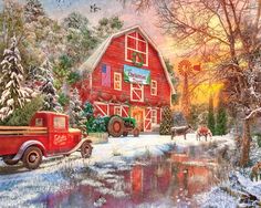 a painting of an old red truck parked in front of a barn with christmas decorations on it