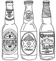 three different types of beer bottles are shown in black and white, with the word corona on