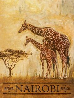 two giraffes standing next to each other on a brown and yellow background