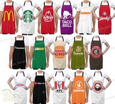 many aprons with different logos on them