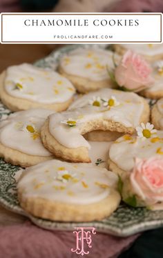 image of round sugar cooke with frosting with bite taken out of it, to make it look like a moon Chamomile Tea Cookies, Kitchen Witch Cookies, Chamomile Recipes Food, Herbal Cookie Recipes, Calendula Cookies, Not Too Sweet Cookies, Tea Flavored Cookies, Cookies With Herbs, Lightly Sweet Desserts