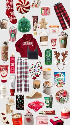 a collage of various christmas items including socks, mugs and candy canes