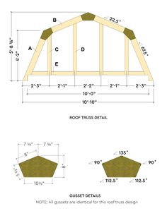 the plans for a roof trussing system are shown in three different sizes and colors