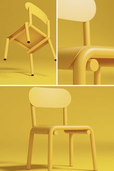 three different views of a yellow chair