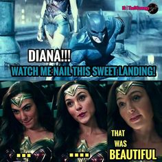 two women in wonder movie costumes with caption that reads, diana watch me nabil this sweet landing