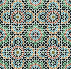 an abstract geometric pattern in green, orange and blue colors