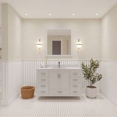 a bathroom with white walls and flooring has a potted plant in the corner