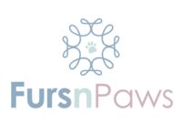 the furson paws logo is shown in blue and gray colors on a white background