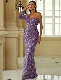 Mermaid / Trumpet Evening Gown Sexy Dress Formal Floor Length Long Sleeve One Shoulder Polyester with Sequin Mode Purple, Sequin Evening Gowns, Banquet Dresses, Sequin Formal Dress, Evening Dresses With Sleeves, Sequin Prom Dress, Sequin Evening Dresses, Dress Sleeve Styles, Long Sleeve Sequin