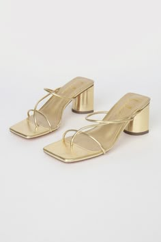 Metallic Gold Heels - Strappy High Heels - High Heel Sandals - Lulus Gold Heels Small Heel, Cute Small High Heels, 3 In Heels, Gold Heels 2 Inch, Prom Shoes Low Heeled Gold, Good Heels Prom, Gold Heel Sandals, Gold Heels Black Dress, Block Kitten Heels