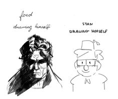 two drawings of the same character, one with a hat on and one with a beard