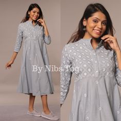 Nibs Tog Lucknowi Chikankari Cotton Midi Dress for Women We always try to make something different out of traditional chikankari embroidery and this outfit is one of them. Our artisans and designer team made out this aesthetic piece with latest western trends along with the traditional embroidery. So, here it is, available for you the beautiful yet comfortable Cotton midi dress with traditional Chikankari Hand embroidery, a perfect for any casual day. Features: Fabric: The Lucknowi Chikan Dress is made of Pure Cotton. The quality of cotton is softer & comfortable to wear.  The dress in non transparent. Style: The Chikankari outfit is styled in midi short dress pattern. The cotton fabric make it comfortable to wear & style in different ways. It has peplum style, giving flayer style pattern Chikankari Dress Western, Traditional Cotton Cutwork Dresses, Traditional Cotton Dress With Cutwork, Festive Cotton Dress With Lace Work, Cotton Anarkali Dress With Lace Work, Traditional Summer Dress With Cutwork, Festive Cotton Dress With Cutwork Details, Festive Cotton Cutwork Dress, Bohemian Cutwork Dress For Festive Occasions