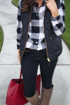 Navy Buffalo Plaid, Dark Denim Skinnies, Tall Suede Boots, Maroon Tote, Gap, Old Navy, Banana Republic, J.Crew 21 Makeover Madness, Black Puffy Vest, Puffer Vest Outfit, Woman Walking, Friday Favorites, Closet Inspiration, Vest Outfits, Black Skinnies