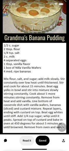 the recipe for grandma's banana pudding is shown on an iphone screen, with instructions to make it