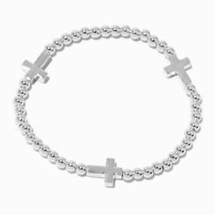 Claire's Silver-tone Cross Beaded Stretch Bracelet Crown Hair Clip, Sensitive Ears Earrings, Piercing Kit, Flower Crown Hairstyle, Word Bracelet, Jewelry Words, Bags For Teens, Fashionable Jewelry, Jewelry And Accessories