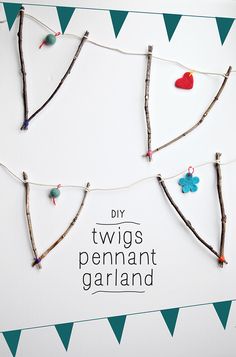 an image of a card with some branches and hearts on it that says, diy twigs pennant garland