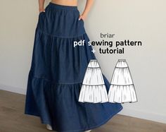 PDF Digital Sewing Pattern for the Briar Ruffle Tiered Maxi Skirt  This perfectly easy yet perfectly romantic tiered ruffle skirt has all the pretty little design details needed for the perfect base to your outfit.  The sewing video tutorial is available on the Dressmaking Amóre YouTube channel.  What's Included:  5 sizes in NESTED format: XS-XL (see size chart in listing photos) A4/Letter file format A0 Copyshop file format Photo + written instructions in booklet (only in English)  Complexity l Dress Patterns Beginner, Long Skirts Patterns, Sew Womens Clothes, Simple Sew Patterns, Sewing Projects To Gift, Long Skirt Free Pattern, Long Skirt Sewing Pattern Free, Begginer Sewing Patterns, Linen Skirt Sewing Pattern