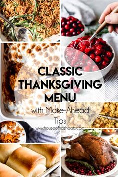 thanksgiving dinner menu with turkey, cranberries and mashed potatoes on the side