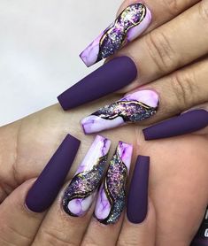 Purple Nail Art, Purple Nail Designs, Long Nail Designs, Glamorous Nails, Glam Nails, Nail Designs Glitter, Gel Nail Designs