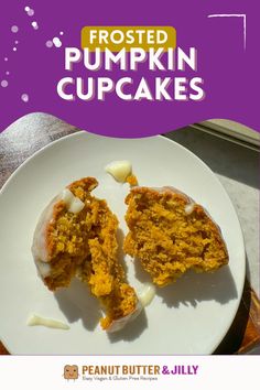 a white plate topped with two pieces of pumpkin cupcakes