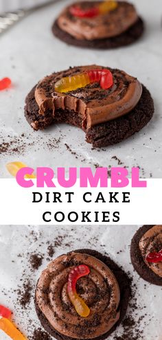 chocolate crumbl dirt cake cookies with gummy bears in the middle and on top