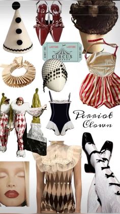 a collage of different types of dresses and hats with words that read, pantom clown