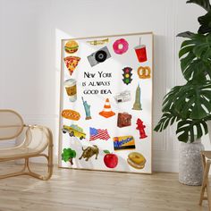 a poster with the words new york is always good idea surrounded by pictures and food