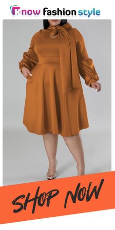 knowfashionstyle Elegant Solid Color Patchwork Strap Design Bow Knot Collar Long Lantern Sleeve A Line Plus Size Midi Churh Dresses Orange Spliced Dresses For Spring, Beige Long Sleeve Dress With Splicing, Non-stretch Brown Dress, Non-stretch Solid Brown Dress, Chic Brown Patchwork Dress, Bow Knot, Strap Design, Lantern Sleeve, Lantern Sleeves